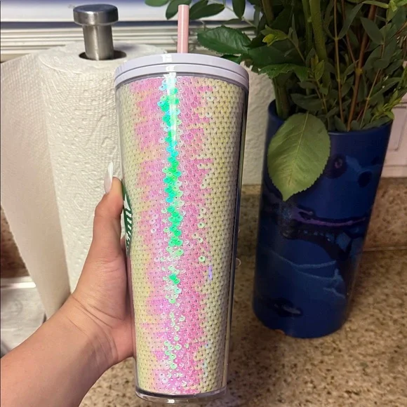 Starbucks | Sequin White Tumbler with Pink Straw and Green Logo - Picture 8 of 16